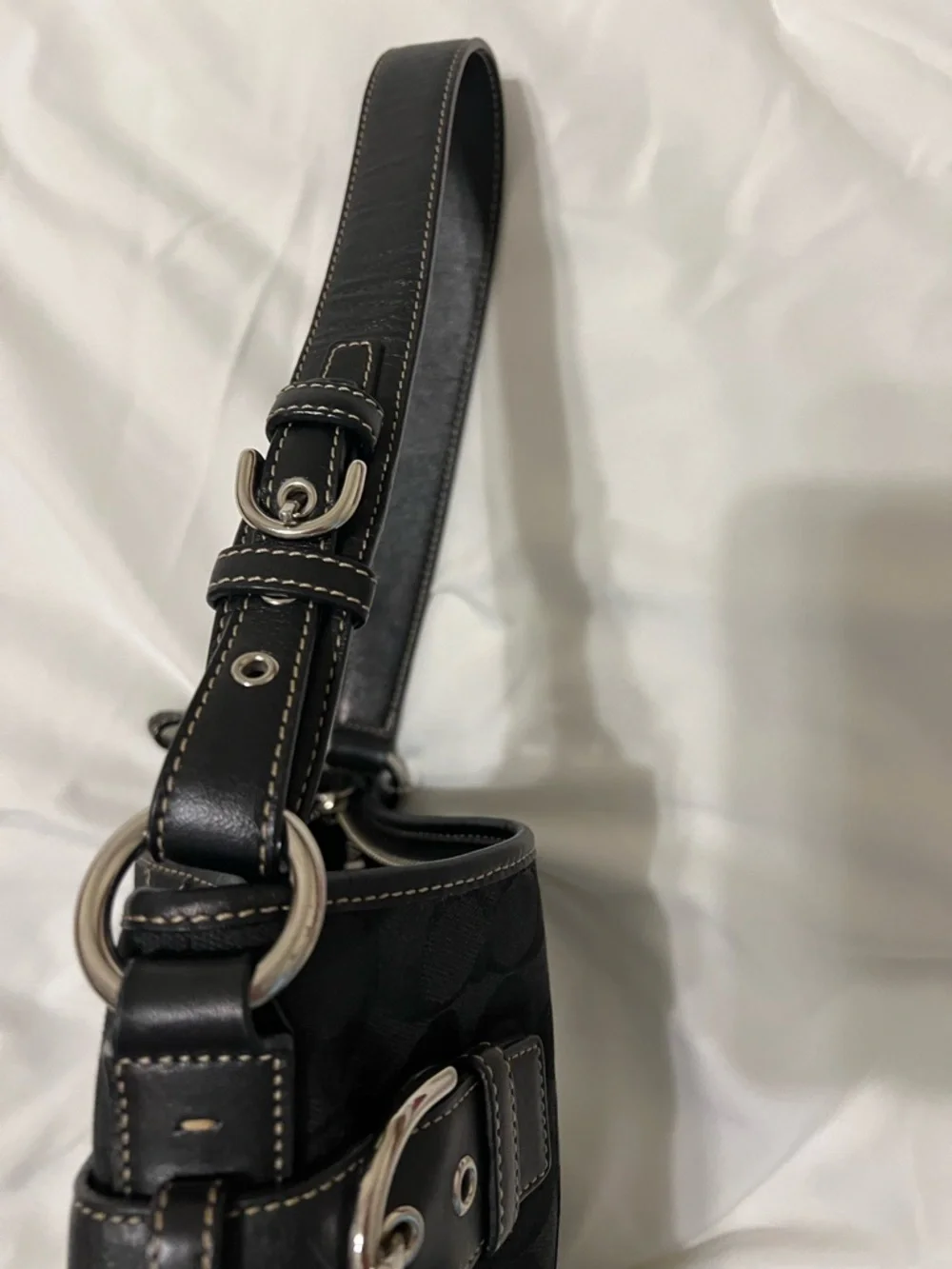 Coach Black Signature Canvas Shoulder Bag with Leather Trim